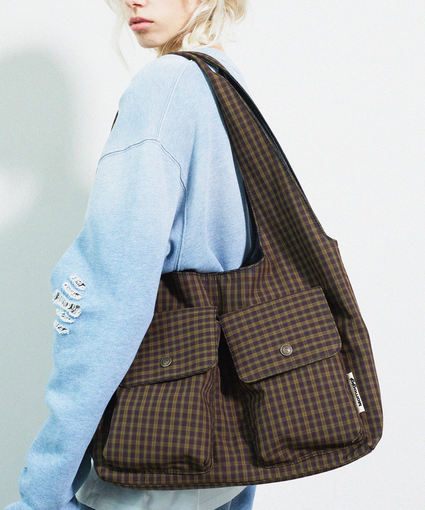 Bolso de hombro de lona de gran capacidad con bolsillos a cuadros de Boutique