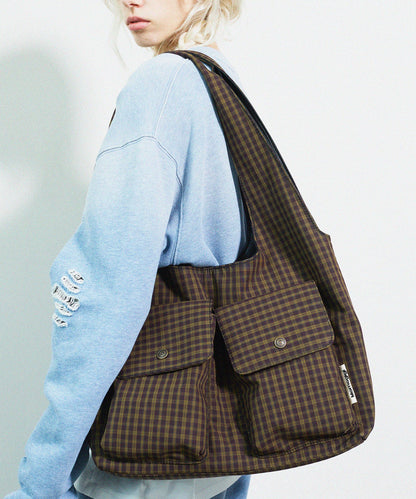 Bolso de hombro de lona de gran capacidad con bolsillos a cuadros de Boutique