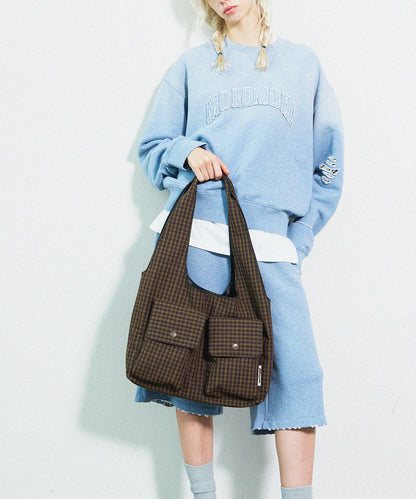 Bolso de hombro de lona de gran capacidad con bolsillos a cuadros de Boutique