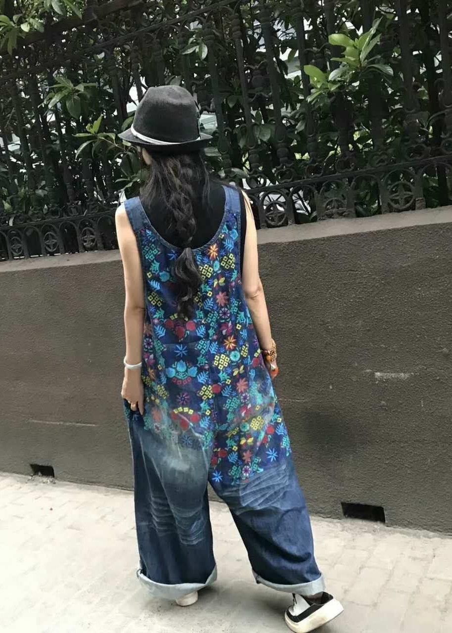 Boutique Print Blue Jeans Overall Jumpsuit - SooLinen