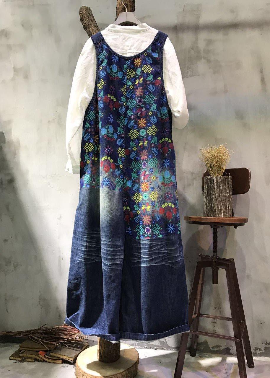 Boutique Print Blue Jeans Overall Jumpsuit - SooLinen
