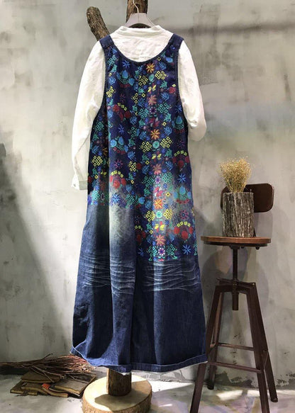 Boutique Print Blue Jeans Overall Jumpsuit - SooLinen