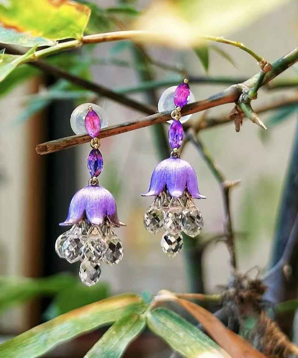Boutique Purple Acrylic Bellflower Tassel Drop Earrings
