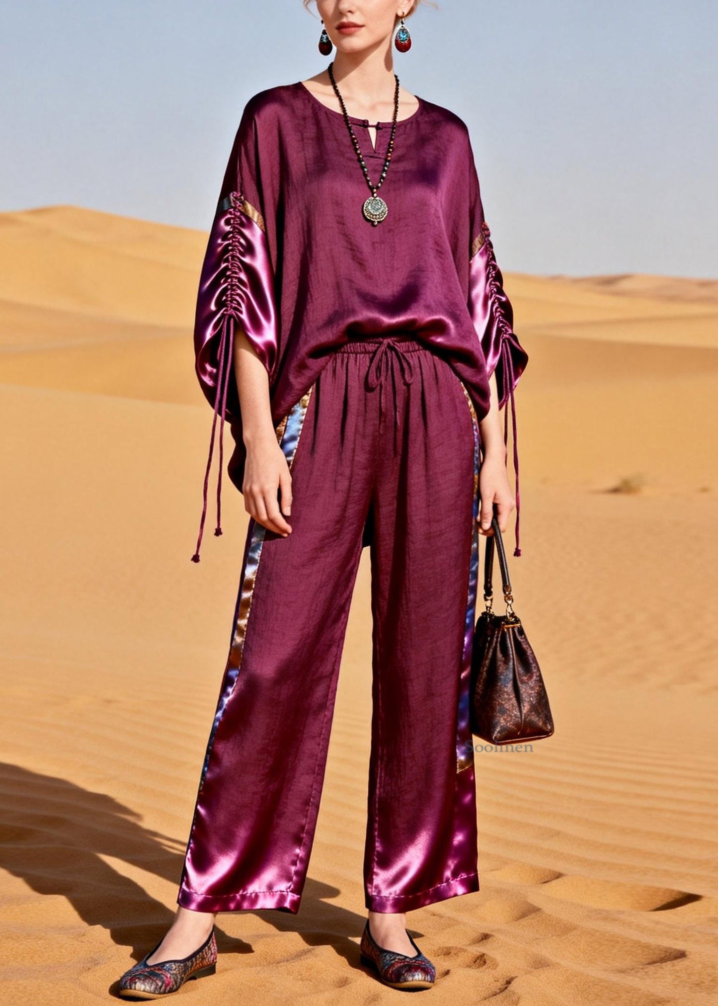 Boutique Purple Drawstring Elastic Waist Silk Patchwork Two Piece Set