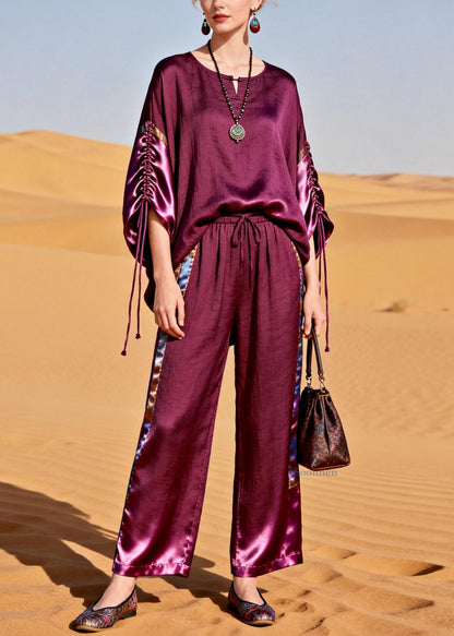 Boutique Purple Drawstring Elastic Waist Silk Patchwork Two Piece Set