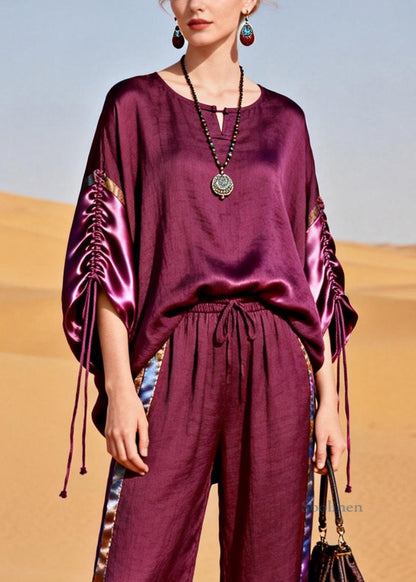Boutique Purple Drawstring Elastic Waist Silk Patchwork Two Piece Set