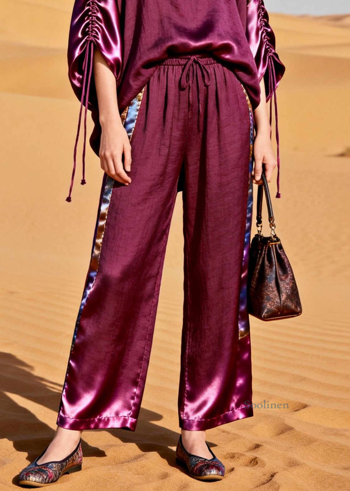 Boutique Purple Drawstring Elastic Waist Silk Patchwork Two Piece Set