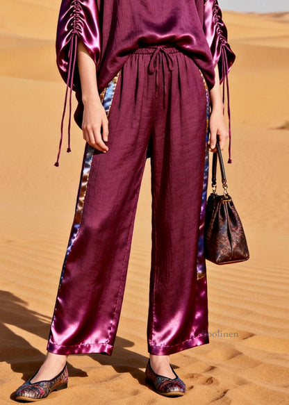 Boutique Purple Drawstring Elastic Waist Silk Patchwork Two Piece Set