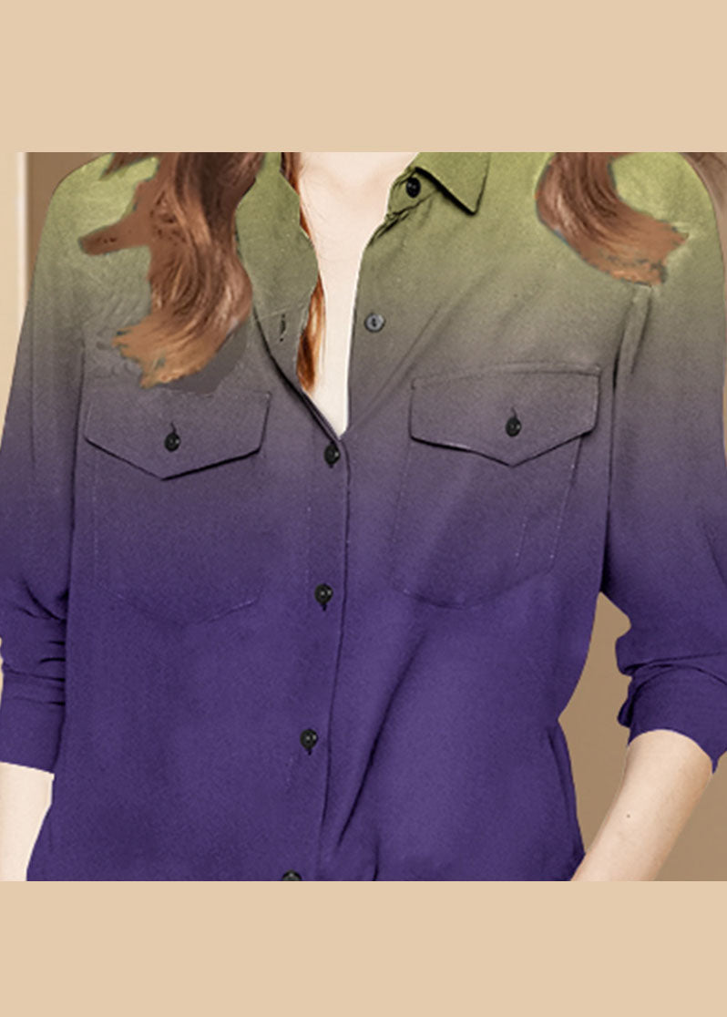 Boutique Purple Gradient color button Peter Pan Collar shirt Top Long Sleeve
