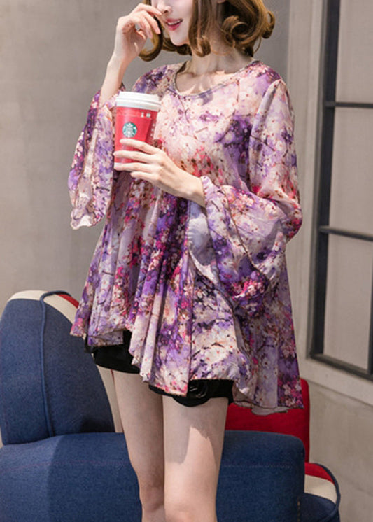 Boutique Purple O-Neck Chiffon Tops Half Sleeve