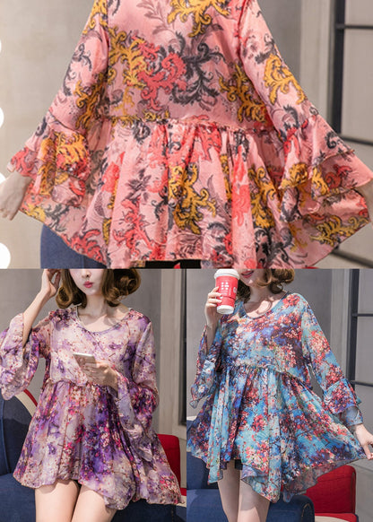 Boutique Purple O-Neck Chiffon Tops Half Sleeve