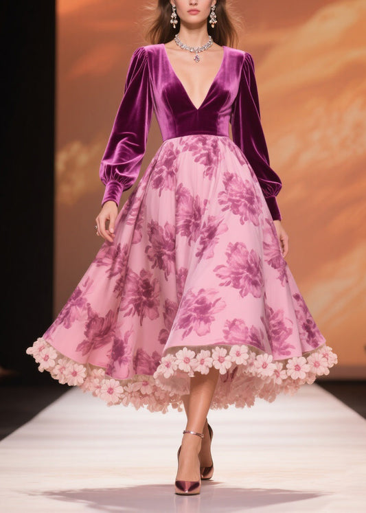 Boutique Purple Print Floral Patchwork Silk Velvet Party Dress Spring