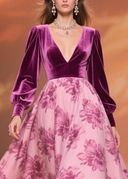 Boutique Purple Print Floral Patchwork Silk Velvet Party Dress Spring