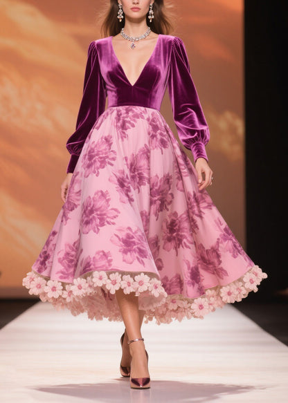 Boutique Purple Print Floral Patchwork Silk Velvet Party Dress Spring