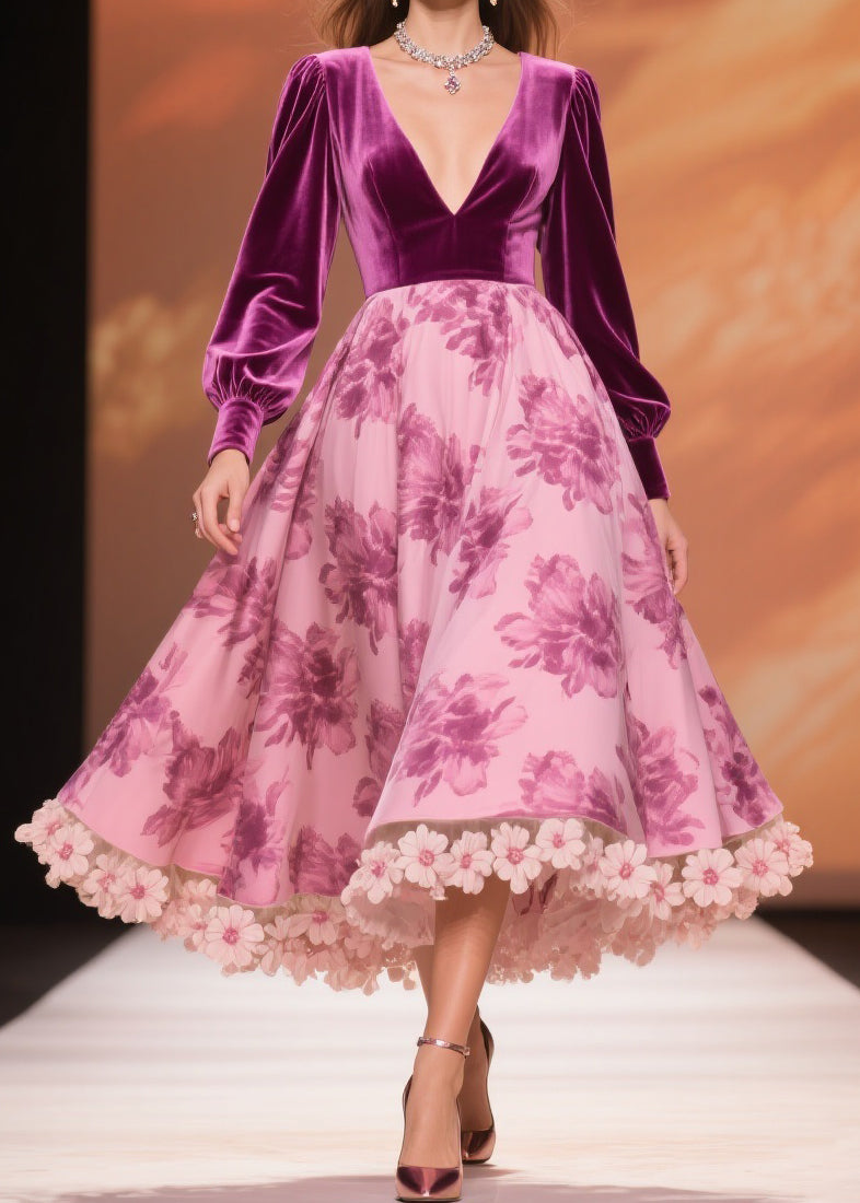 Boutique Purple Print Floral Patchwork Silk Velvet Party Dress Spring