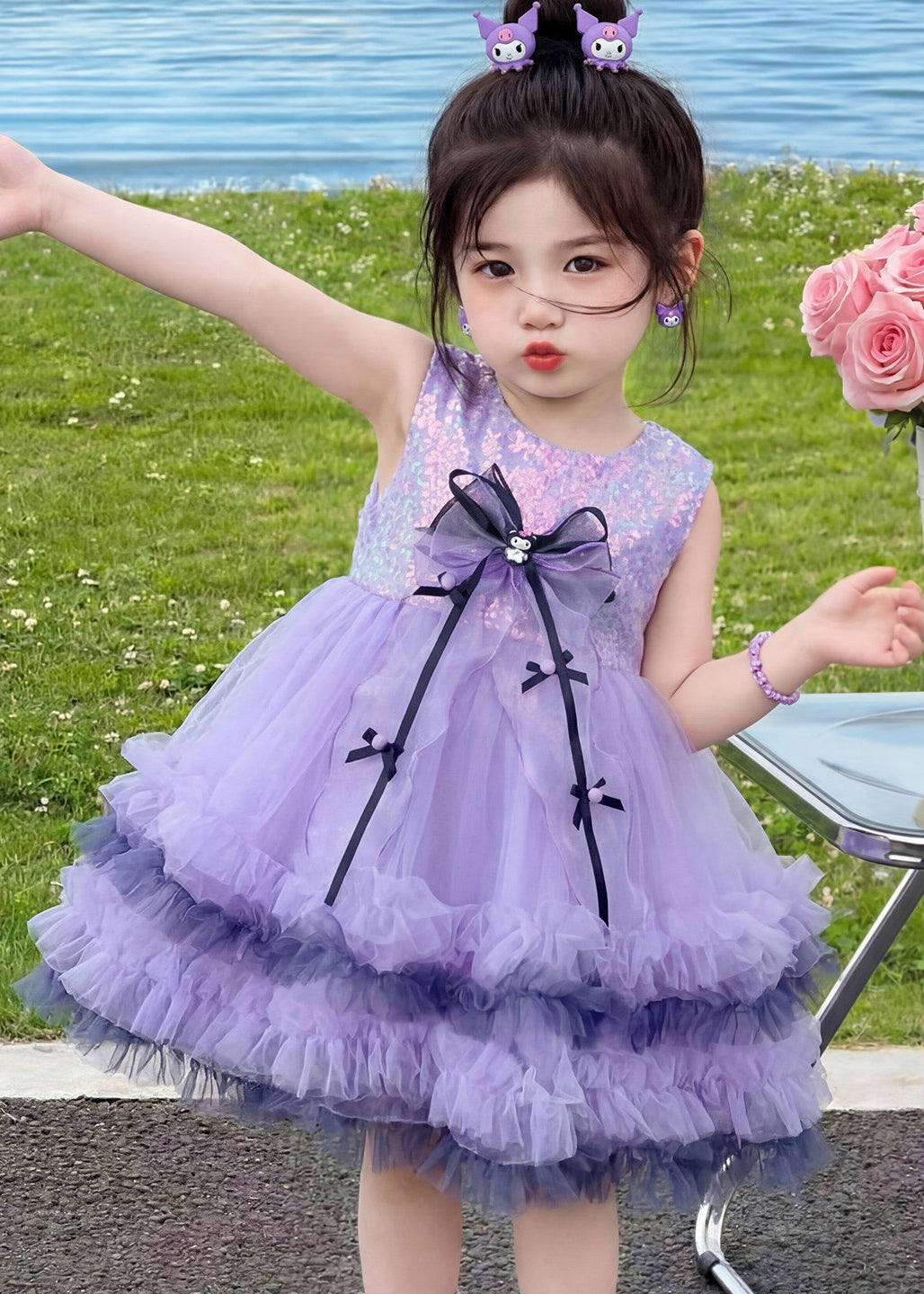 Boutique Purple Sequins Tulle Kids Girls Kuromi Dresses Summer