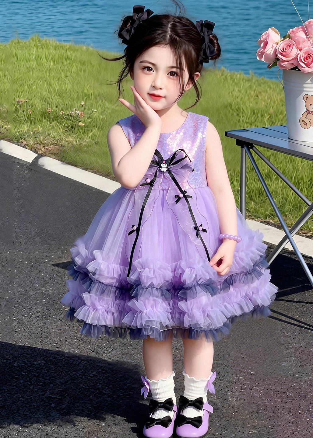 Boutique Purple Sequins Tulle Kids Girls Kuromi Dresses Summer