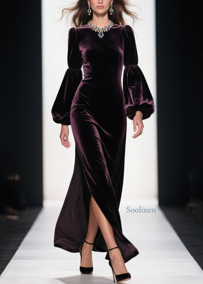 Vestido de terciopelo con parches y abertura lateral morado de Boutique para primavera