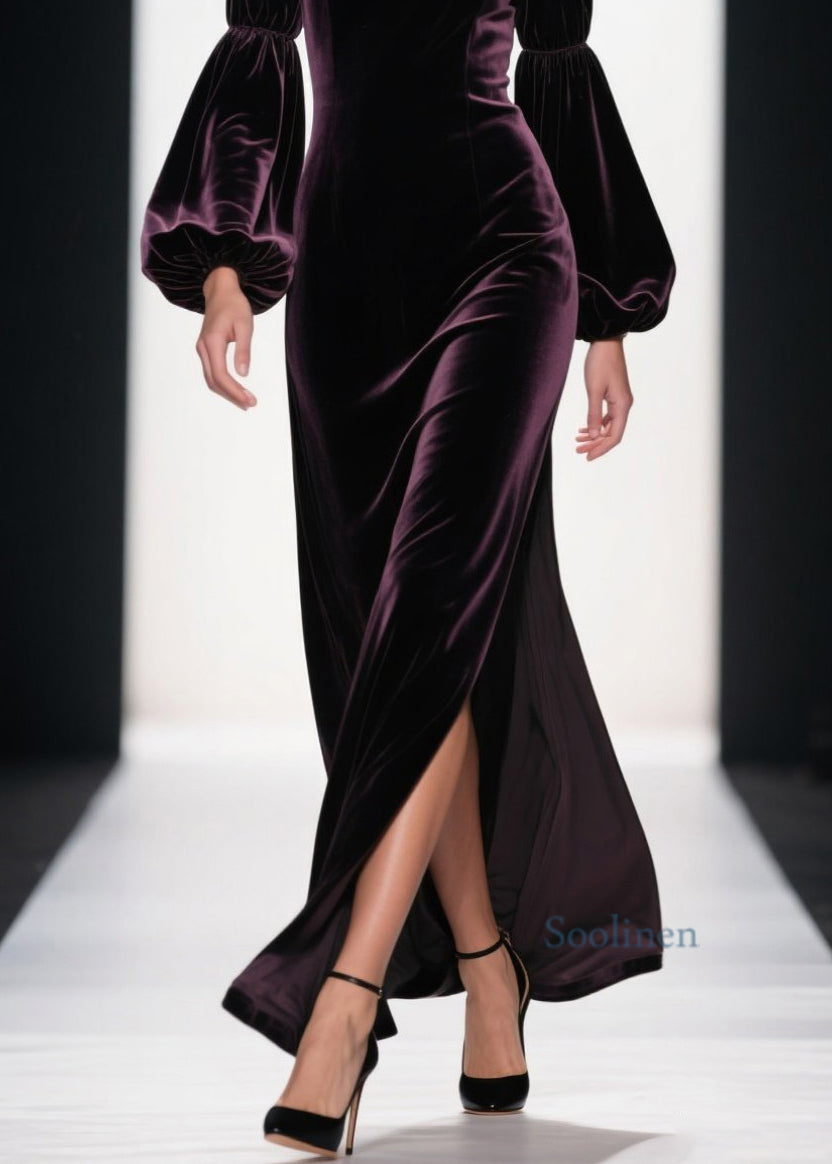 Vestido de terciopelo con parches y abertura lateral morado de Boutique para primavera