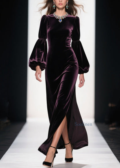 Vestido de terciopelo con parches y abertura lateral morado de Boutique para primavera