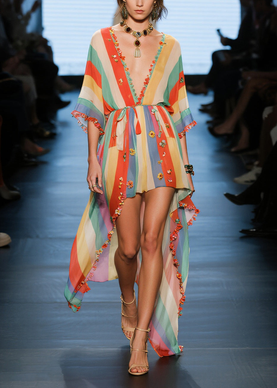 Boutique Rainbow Asymmetrical Floral Chiffon Holiday Dress Summer