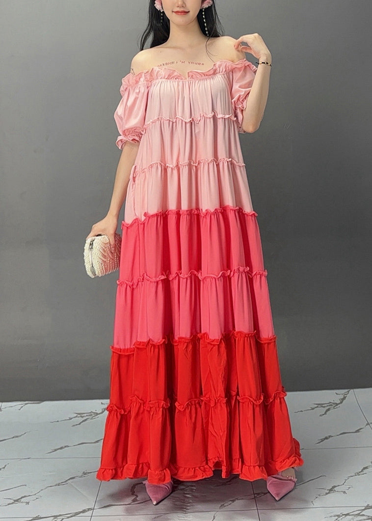 Boutique Rainbow Slash Neck Cold Shoulder Maxi Dress Summer