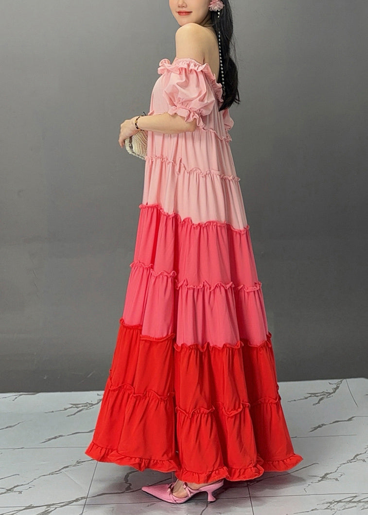 Boutique Rainbow Slash Neck Cold Shoulder Maxi Dress Summer