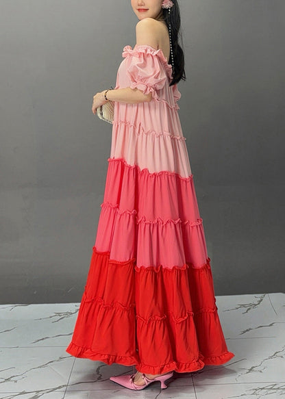 Boutique Rainbow Slash Neck Cold Shoulder Maxi Dress Summer