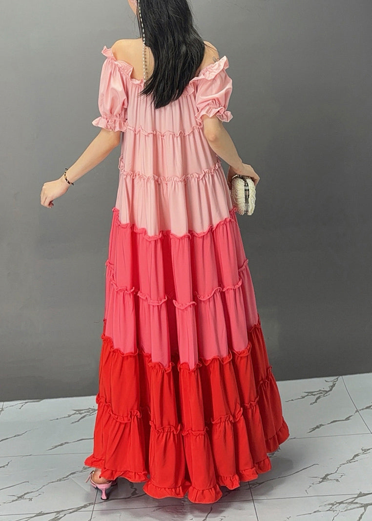 Boutique Rainbow Slash Neck Cold Shoulder Maxi Dress Summer