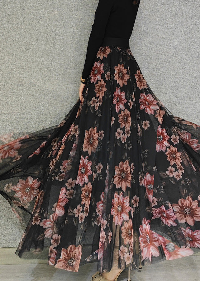 Boutique Rot Floral Hohe Taille Drapieren Tüll Maxi Röcke Frühling