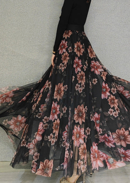 Boutique Rot Floral Hohe Taille Drapieren Tüll Maxi Röcke Frühling