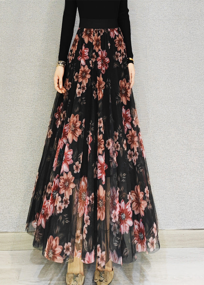 Boutique Rot Floral Hohe Taille Drapieren Tüll Maxi Röcke Frühling
