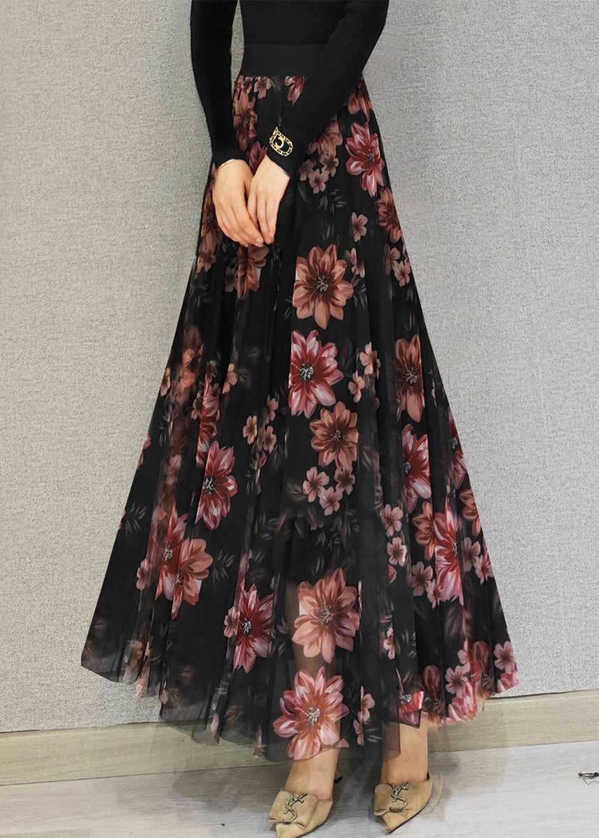 Boutique Rot Floral Hohe Taille Drapieren Tüll Maxi Röcke Frühling