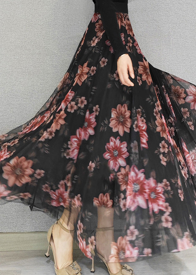 Boutique Rot Floral Hohe Taille Drapieren Tüll Maxi Röcke Frühling