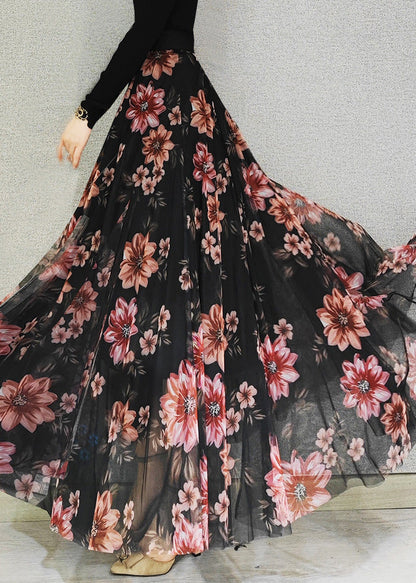 Boutique Rot Floral Hohe Taille Drapieren Tüll Maxi Röcke Frühling