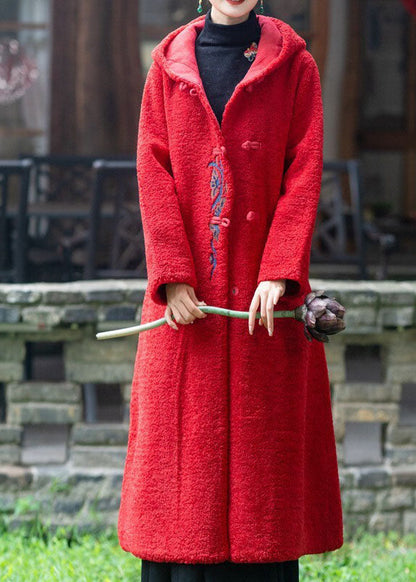 Boutique Rot Mit Kapuze Bestickt Dicken Teddy Kunstpelz Verlängern Mäntel Winter