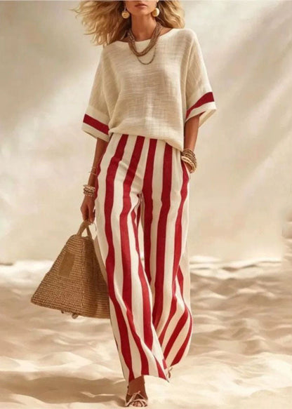 Boutique Red O-Neck Striped Cotton Two Pieces Set Summer