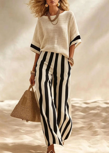 Boutique Red O-Neck Striped Cotton Two Pieces Set Summer