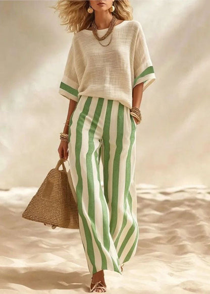 Boutique Red O-Neck Striped Cotton Two Pieces Set Summer