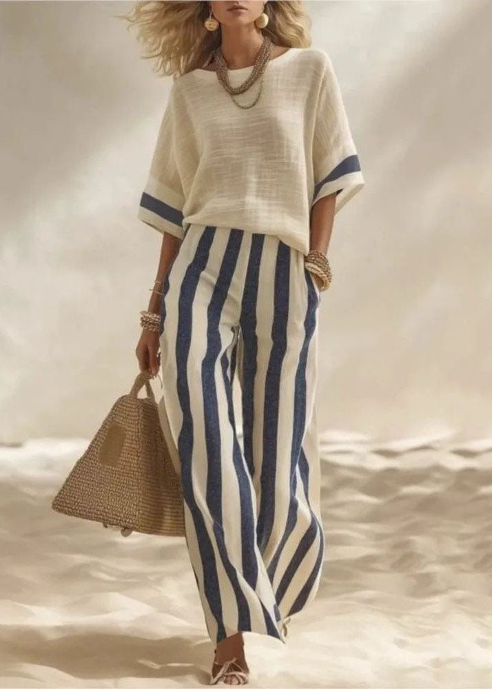 Boutique Red O-Neck Striped Cotton Two Pieces Set Summer