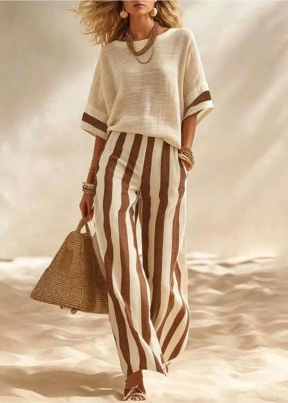 Boutique Red O-Neck Striped Cotton Two Pieces Set Summer
