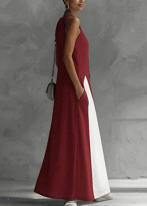 Boutique Red Patchwork Pockets Ankle Dress Sleeveless