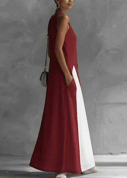 Boutique Red Patchwork Pockets Ankle Dress Sleeveless