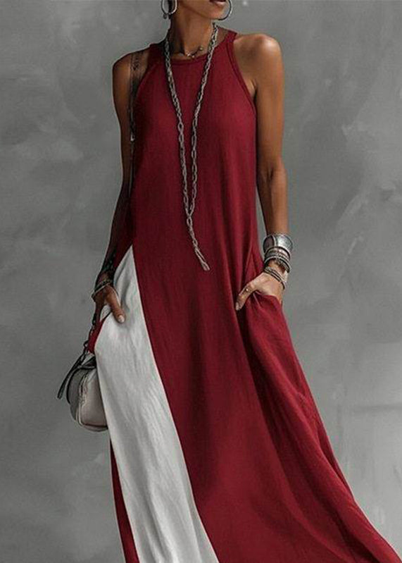 Boutique Red Patchwork Pockets Ankle Dress Sleeveless