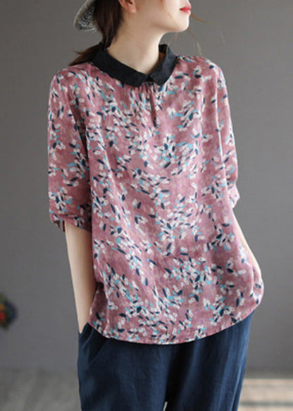 Camisas de lino con cuello Peter Pan rojo de boutique de verano