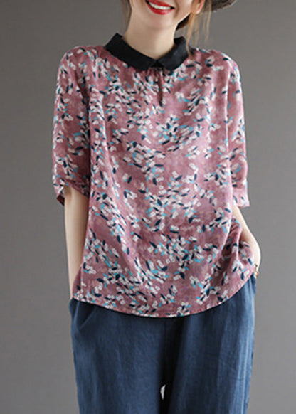 Camisas de lino con cuello Peter Pan rojo de boutique de verano