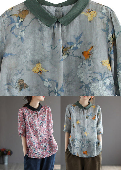 Camisas de lino con cuello Peter Pan rojo de boutique de verano