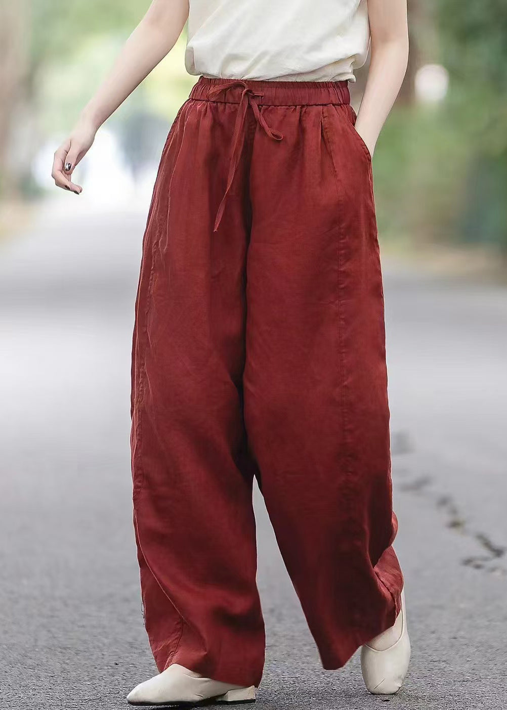 Boutique Red Pockets Elastic Waist Linen Pants Summer