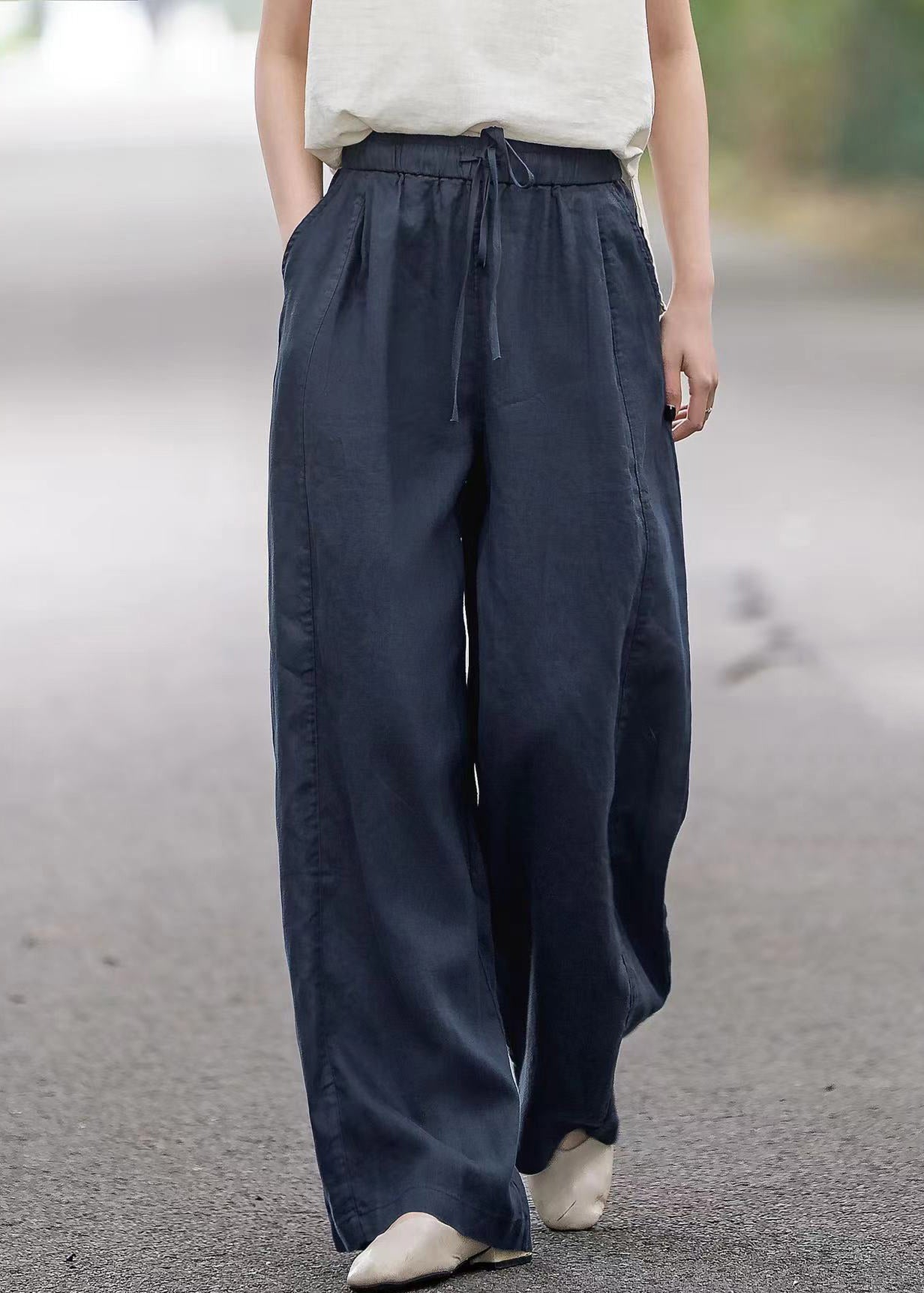 Boutique Red Pockets Elastic Waist Linen Pants Summer