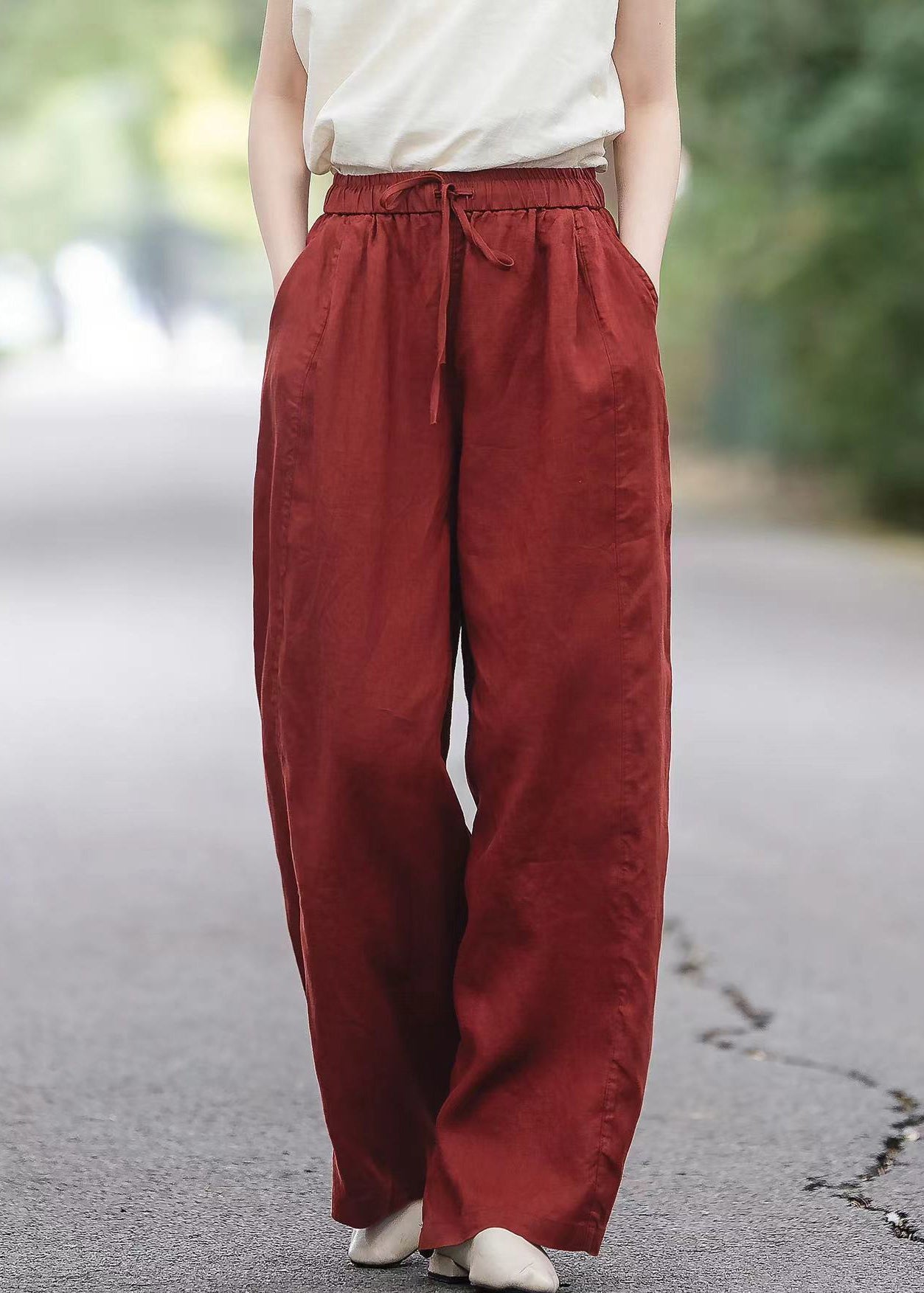 Boutique Red Pockets Elastic Waist Linen Pants Summer
